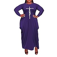 Women's Faith Maxi Dress Print Loose Oversize Long Sleeve Baggy Tshirt Dress Casual Tunic Dresses with Pocket