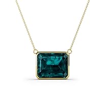 Emerald Cut London Blue Topaz 7 1/5 East West Women Solitaire Pendant Necklace. Included 16 Inches 14K Gold Chain