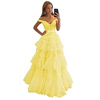 Sparkly Glitter Tulle Prom Dresses Off The Shoulder Long Ball Gown Tiered Laces Ruffles Formal Gown for Women