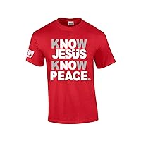 Mens Christian Know Jesus Know Peace Short Sleeve T-Shirt Graphic Tee-Red-XL