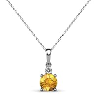 Round Citrine & Diamond 3/4 ctw Womens Two Stone Pendant Necklace 18 Inches 14K White Gold Chain