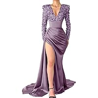 Satin Prom Dresses 2024 Long Sleeve Sexy Sequin Satin Long Ball Gowns for Women with Slit Mauve