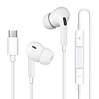 USB C Headphones, Type C Earbuds Wired for iPhone 15 Plus/Pro Max Earphones with Microphone & Volume Control HiFi Stereo Noise Isolating Compatible with Samsung and All Type C Devices White