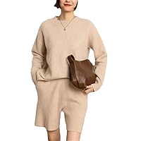 Spring Autumn 100% Cashmere Knitted Thicken Sweater Suit Women's Fashion Sweater And Short Pants Set