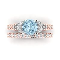 Clara Pucci 2.72ct Round Marquise cut Custom Engraving 3 stone Aquamarine Engagement Ring Band Wedding Bridal Set 14k Rose White Gold 10