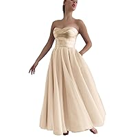 Xijun Women's Strapless Tea Length Prom Dresses Tulle A Line Satin Formal Evening Party Gown with Pockets
