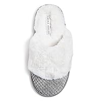 Laura Ashley Womens Plush Memory Foam Wide Collar Fleece Spa Scuff Slippers, Fuzzy Warm Faux Fur Slip On House Shoes Slipper