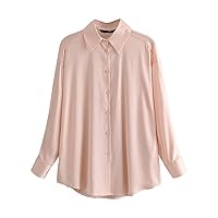 Women's Satin Silk Long Sleeve Loose Casual Blouse Button Down Shirt Fashion lapel Texture Cozy Blouse Slim Top