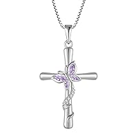 Cross Necklace for Women 925 Sterling Silver Butterfly Necklace Birthstone Created Gemstone Pendant Jewelry Gifts for Women Girls