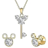 Created Round Cut White Diamond 925 Sterling Silver 14K Rose Gold Over Diamond Mickey Mouse Key Stud Earring Pendant Necklace Jewelry Set for Women's & Girl's