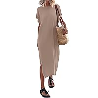 Maxi Dresses for Women 2024 Summer Casual Solid Color T-Shirt Long Dress Round Neck Loose Comfy Split Beach Dress
