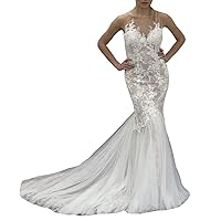 Women's Illusion Bridal Ball Gowns with Train Lace Beach Mermaid Wedding Dresses for Bride 2022