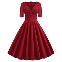 Women Double Breasted Notch Lapel 50s Vintage Short Sleeve Cocktail Swing Dress Polka Dot 1950s Rockabilly Prom Midi Dress