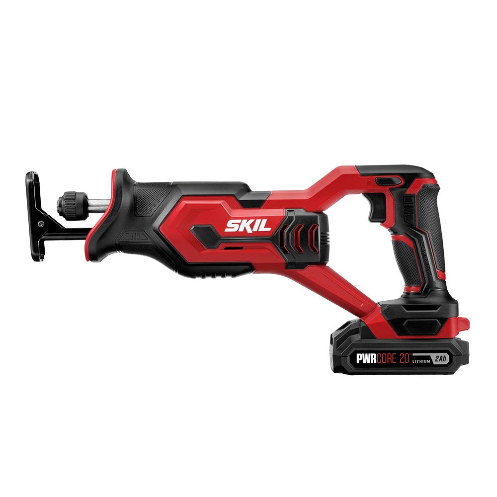 SKIL 20V 4-Tool Combo Kit: 20V Cordless Drill Driver Reciprocating Saw, Circular Saw and Spotlight, Includes Two 2.0Ah PWR CORE Lithium Batteries and One Charger - CB739701,Black, Red