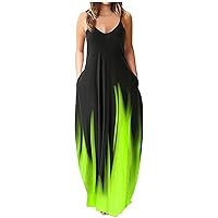 Maxi Dresses for Women, Plus Size Summer Sexy Gradient Spaghetti Strap V Neck Casual Beach Dresses with Pockets