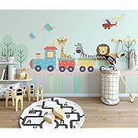 Train Wagon and Cute Animals Wallpaper, Air Plane Cartoon Giraffe Children's Room Wall Print Childroom Play Room, Nursery Wall Mural Custom Size, Peel and Stick (Kids Animal Train & Airplane)