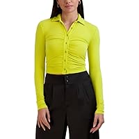 BCBGeneration Women's Long Sleeve Collar Neck Rouched Front Button Down Knit Top