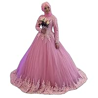 Pink Muslim Arabic Lace Train High Neck Long Sleeves Mermaid Wedding Dresses for Bride Bridal Ball Gown
