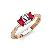 Emerald Cut (6x4 mm) Natural Diamond & Ruby 1 1/3 ctw 3 Stone Engagement Ring 14K Gold