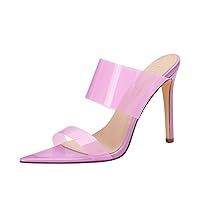 vivianly Clear Pointed Toe Heels Sandals Transparent Strap Stiletto High Heels Slip on Mules for Women