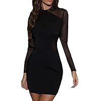 jsaierl Dress for Women Long Sleeve Sexy Sheer Mesh Keyhole Net Yarn Dress Slim Pencil Mini Bodycon Dress