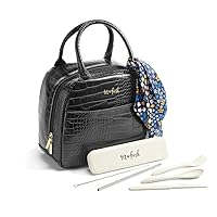 Lunch Bag For Women, Insulated Womens Lunch Bag For Work, Leakproof & Stain-Resistant Large Lunch Box For Women With Faux Croc Leather, Two Handles Croc Bag Black With Utensils