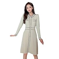 Plaid O Neck A-Line Knitted Dress Women Vintage Long Sleeve Breasted Sweater Dresses Apricot L