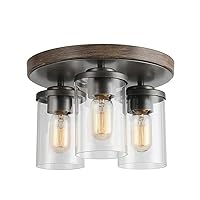 LALUZ Farmhouse Flush Mount Light, Rustic Ceiling Light Fixture in Faux Wood and Black Metal Finish with 3 Clear Glass Globes, Vintage Style for Foyer, Hallway, Kitchen, Dining Room