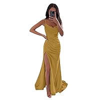 Women Spaghetti Straps Mermaid Prom Dress Sexy Cowl Neck Side Slit Pleated Formal Evening Satin Ball Gown Summer