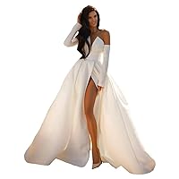 Plus Size Split Silk Satin Strapless Mermaid Bridal Ball Gown Wedding Dresses for Women Brides Train Long Sleeve