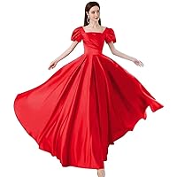Women's Puffy Sleeve Prom Dresses Long Satin Prom Dresses Square Neckline A Line Evening Formal