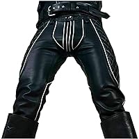 Mens Leather Two-Tone Pants Motorcycle Bikers Sheep Leather Jeans Black with White Trim Trousers