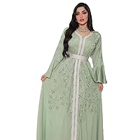 Dubai Abaya for Muslim Women Floral Rhinestone Lace Tape Panel Belted Dress Moroccan Kaftan Dresses