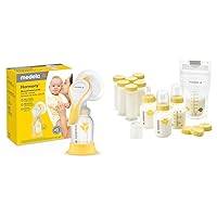 Breastfeeding Gift Set, Breast Milk Storage System; Bottles, Nipples, Travel Caps, Breastmilk Storage Bags and More, Made Without BPA & Manual Breast Pump with Flex Shields Harmony Single Hand