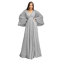 Rjer Chiffon Long Sleeve Prom Dresses for Women V Neck Pleated Maxi Dress A-line Formal Evening Party Gown