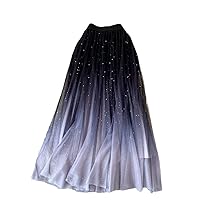 Beautiful Gradient Color Long Tulle Skirts Women Korean A-Line High Waist Pleated Maxi Female Skirt