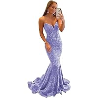 Sequin Mermaid Prom Dresses for Women Sparkly Long Sexy Strapless V Neck Bodycon Formal Evening Party Gowns