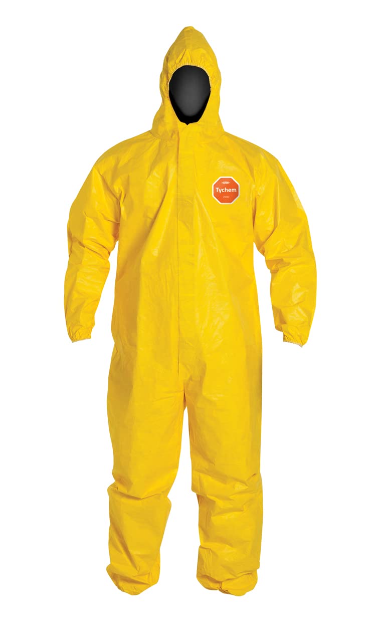 DuPont Tychem 2000 QC127S Disposable Chemical Resistant Coverall with Hood, Elastic Cuff and Serged Seams, Yellow, 2X-Large (Pack of 12)