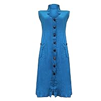 V Neck Single Breasted Button Up Dress Pocket Design Multi Color Summer Swing Dress for Women