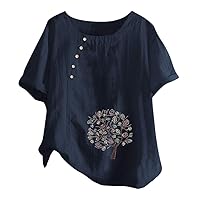 HebeTop Short Sleeve Tee Blouse for Women,Women Linen Dandelion Print Button Blouses Boat Neck Short Sleeve T Shirt Tops Navy
