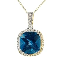 Silver City Jewelry 10k Yellow Gold Diamond Halo Natural London Blue Topaz Necklace Cushion Shaped 10x10mm, 18 inch long
