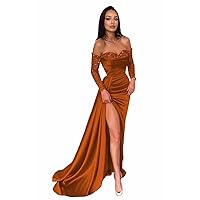 Off The Shoulder Sequin Long Sleeve Prom Dresses Long Satin Mermaid Evening Gown for Women Formal Dress with Slit