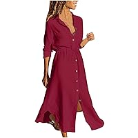 Plus Size Women Waist-Defined Lace-Up Shirt Dress Button Down Cotton Linen Long Sleeve Dressy Casual Solid Dresses