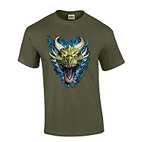 Blue Fire Breathing Dragon Head House of Dragon Head Moonlight Mens Short Sleeve T-Shirt Graphic Tee-Military-5xl