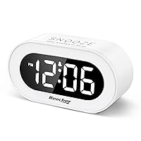 REACHER Small LED Digital Alarm Clock with Snooze, Easy Operation, Full Range Brightness Dimmer, Adjustable Alarm Volume, Outlet Compact Clock for Bedroom, Bedside, Desk, Shelf (White)