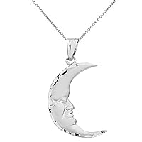 SOLID WHITE GOLD DIAMOND CUT CRESCENT MOON FACE PENDANT NECKLACE - Gold Purity:: 10K, Pendant/Necklace Option: Pendant With 16