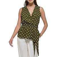 Tommy Hilfiger Womens Tie Front Polka Dot Blouse Green L
