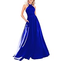 Women's Long Satin Evening Dresses Halter Open Back Beaded Prom Gowns Party Dress with Pockets