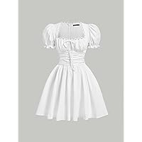 2023 Women's Dresses Ruched Bust Puff Sleeve Frill Trim Dress Women's Dresses (Color : White, Size : Large)
