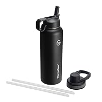 ThermoFlask 40 oz Double Wall Vacuum Insulated Stainless Steel Water Bottle with Spout and Straw Lids, Black